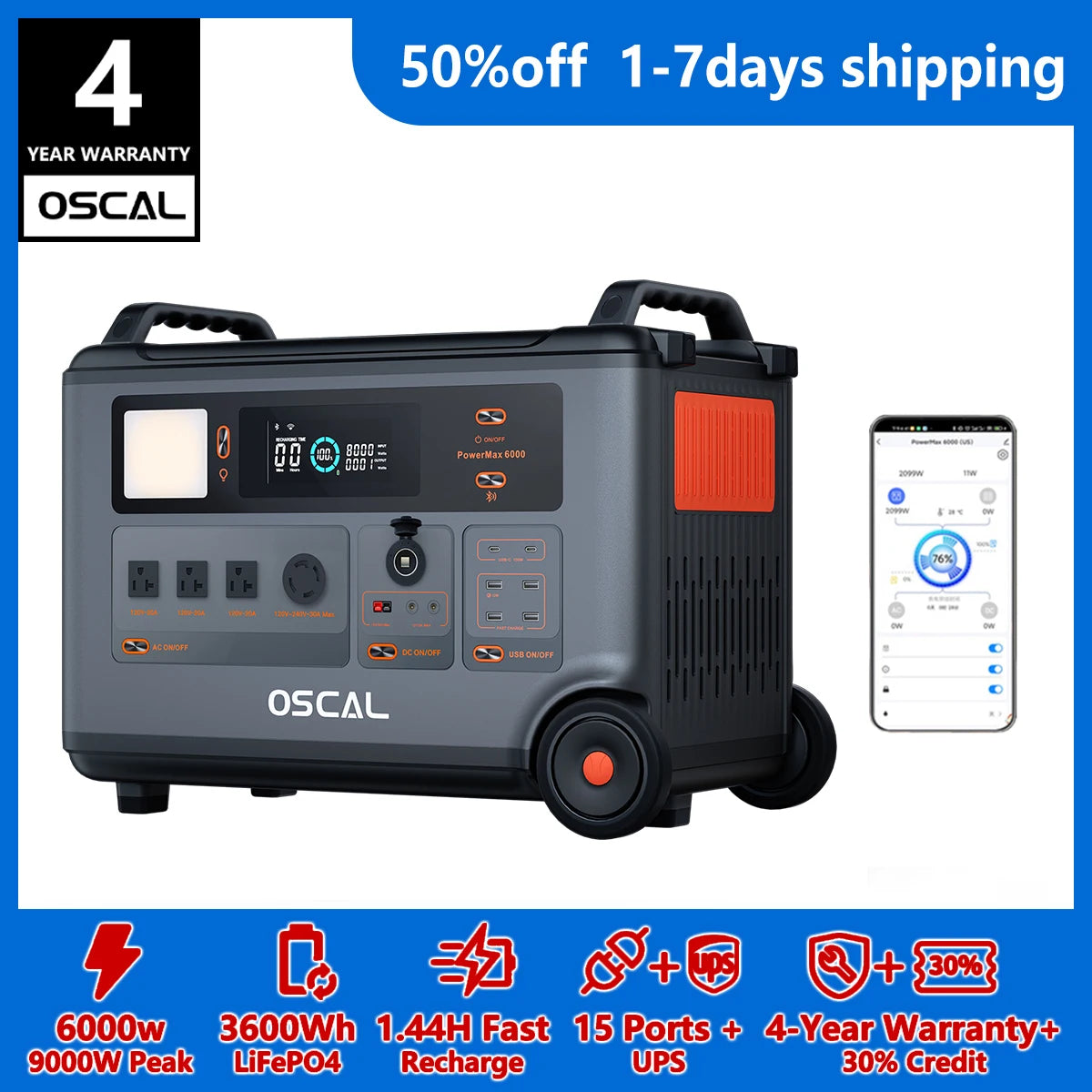 OSCAL PowerMax 6000 3600Wh LiFePO4 Solar Generator Portable Power Station