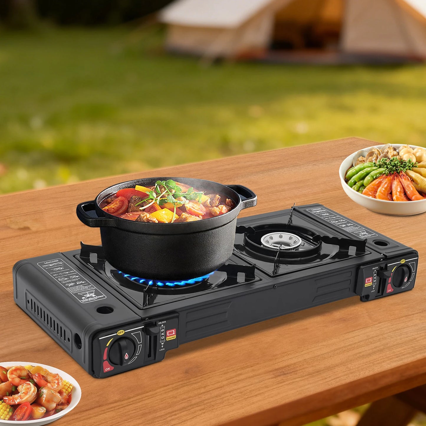 Portable Two Burner Camping Stove With Auto Ignition Carry Case