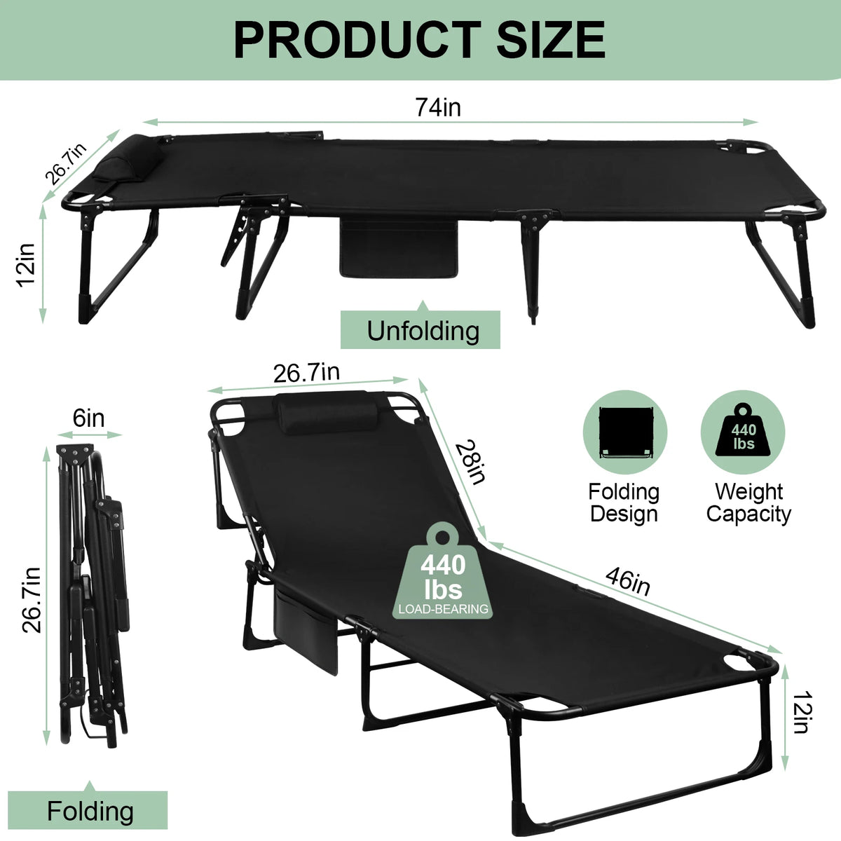 Adjustable Folding Camping Cot With Pillow And Recliner