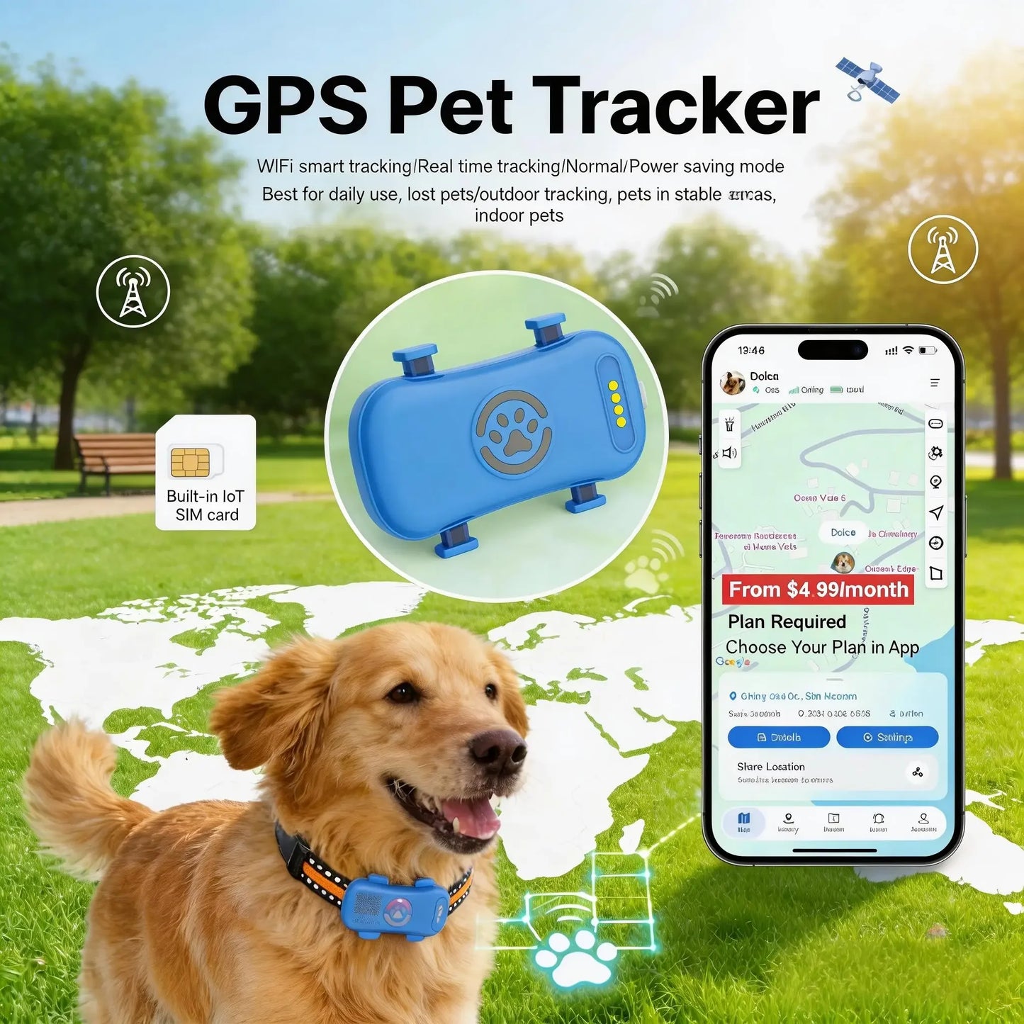 Wanwaytech 4G GPS Pet Tracker Real Time Tracking Waterproof Device
