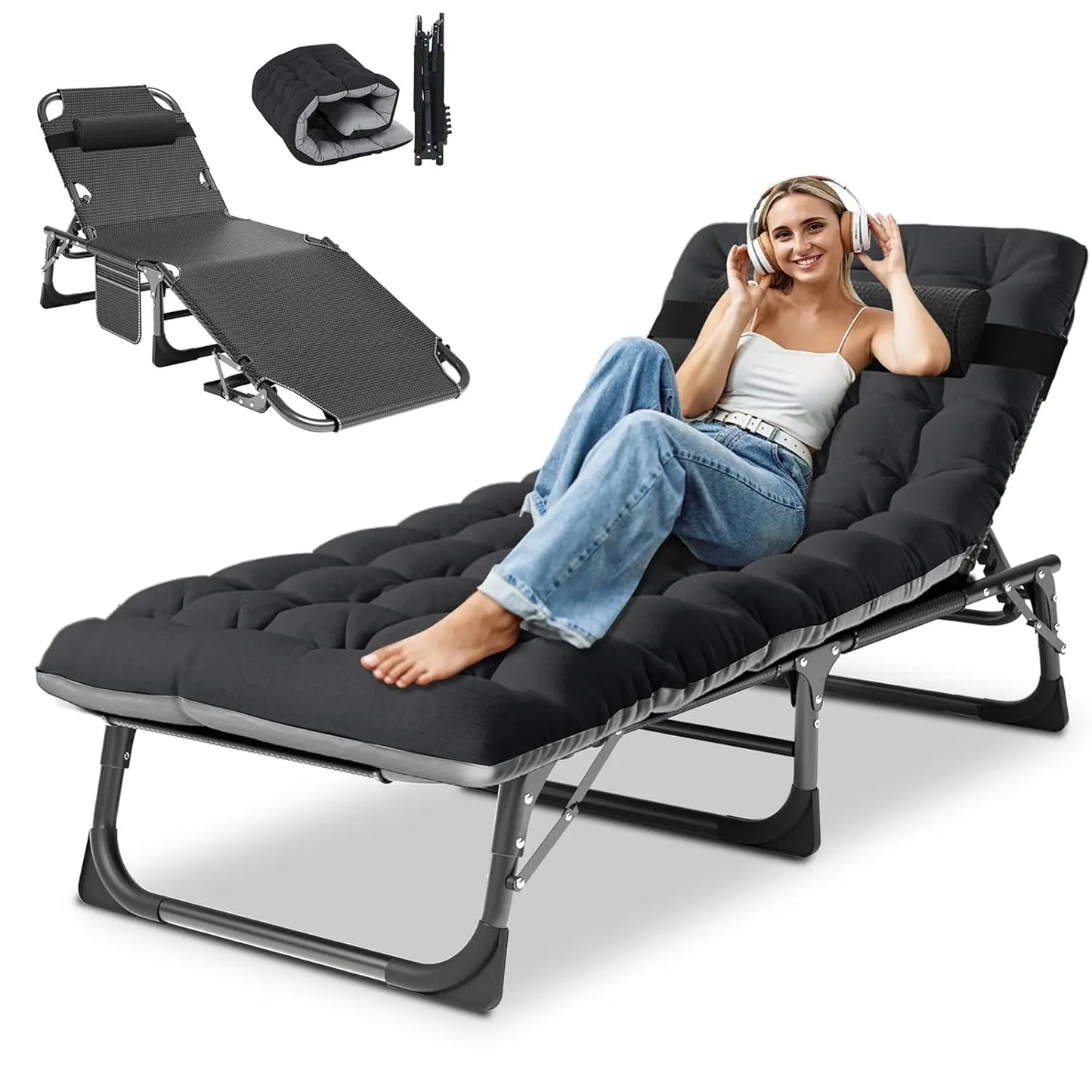 Heavy Duty Adjustable Folding Chaise Lounge Chair With Cushion