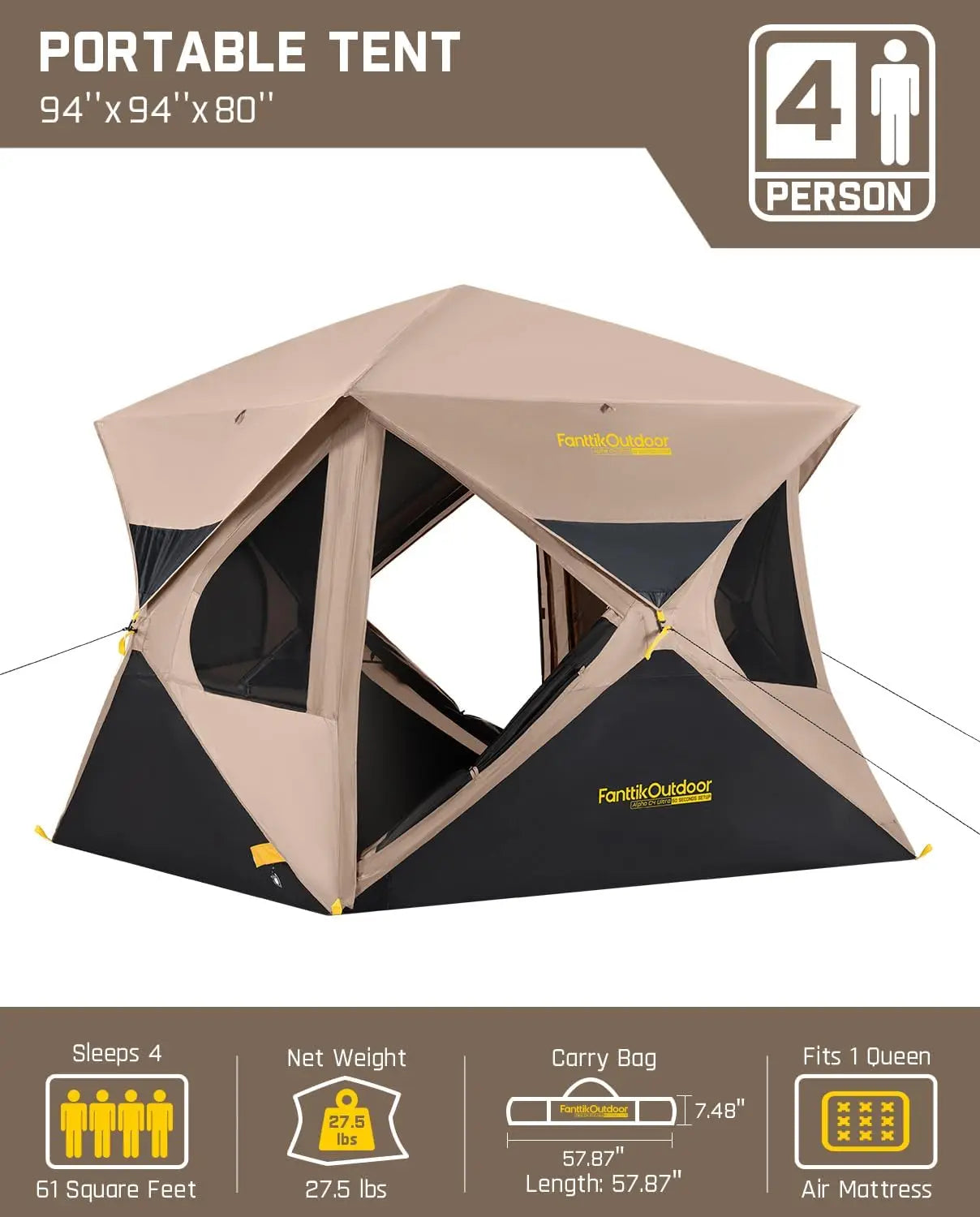 60 Second Instant Pop Up Camping Tent With Windproof Rainfly