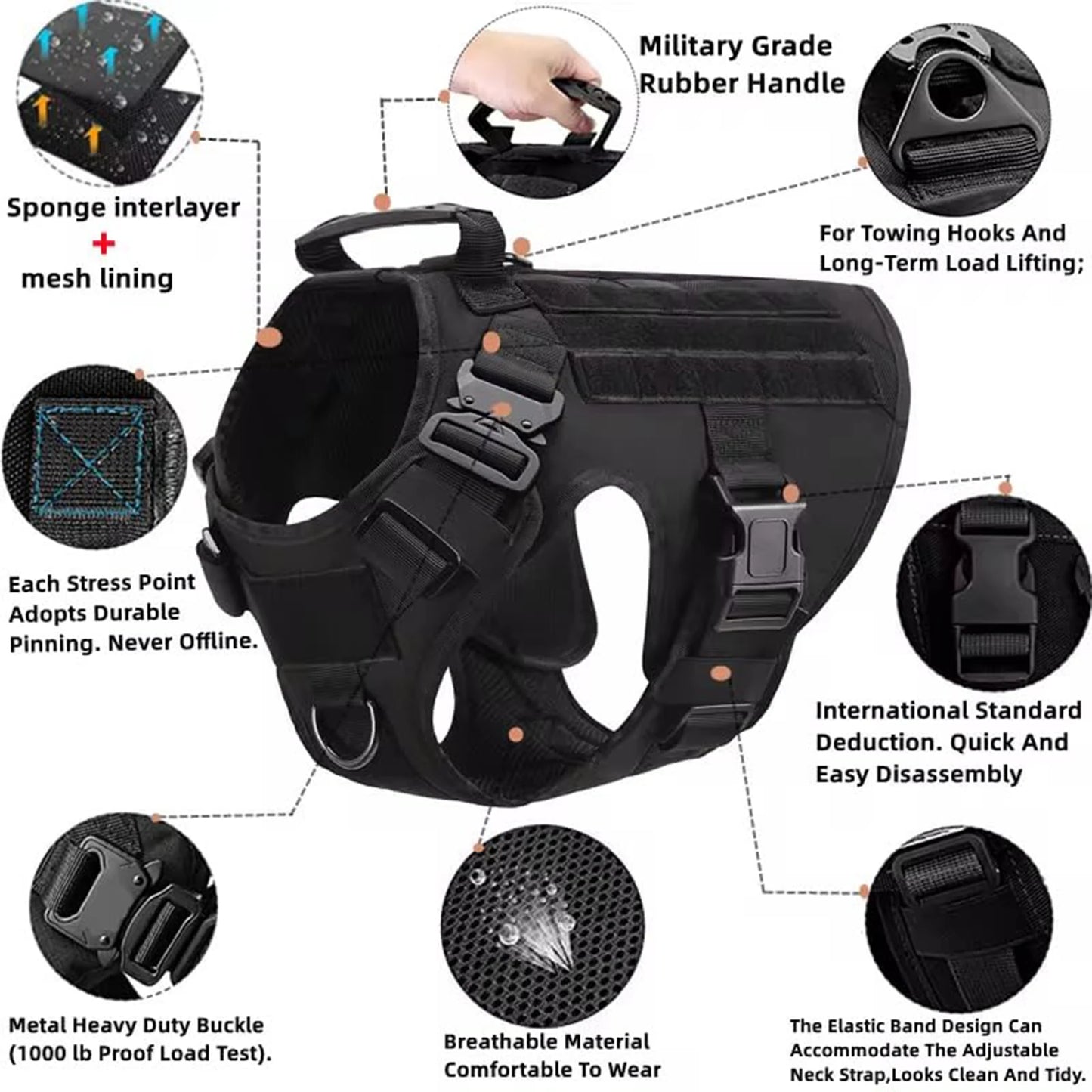 Padded Tactical Dog Harness With Quick Release Molle Pockets