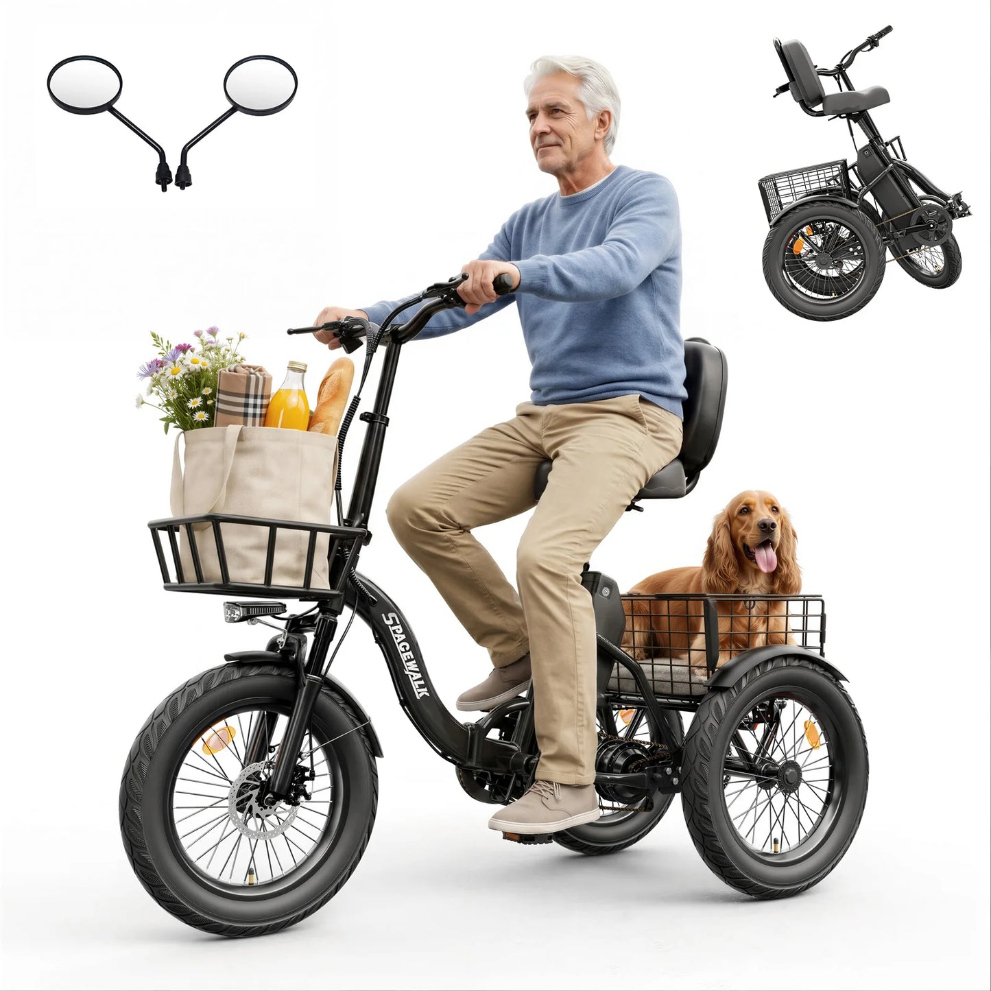 Spacewalk 1200W Folding Electric Trike With Fat Tires For Adults