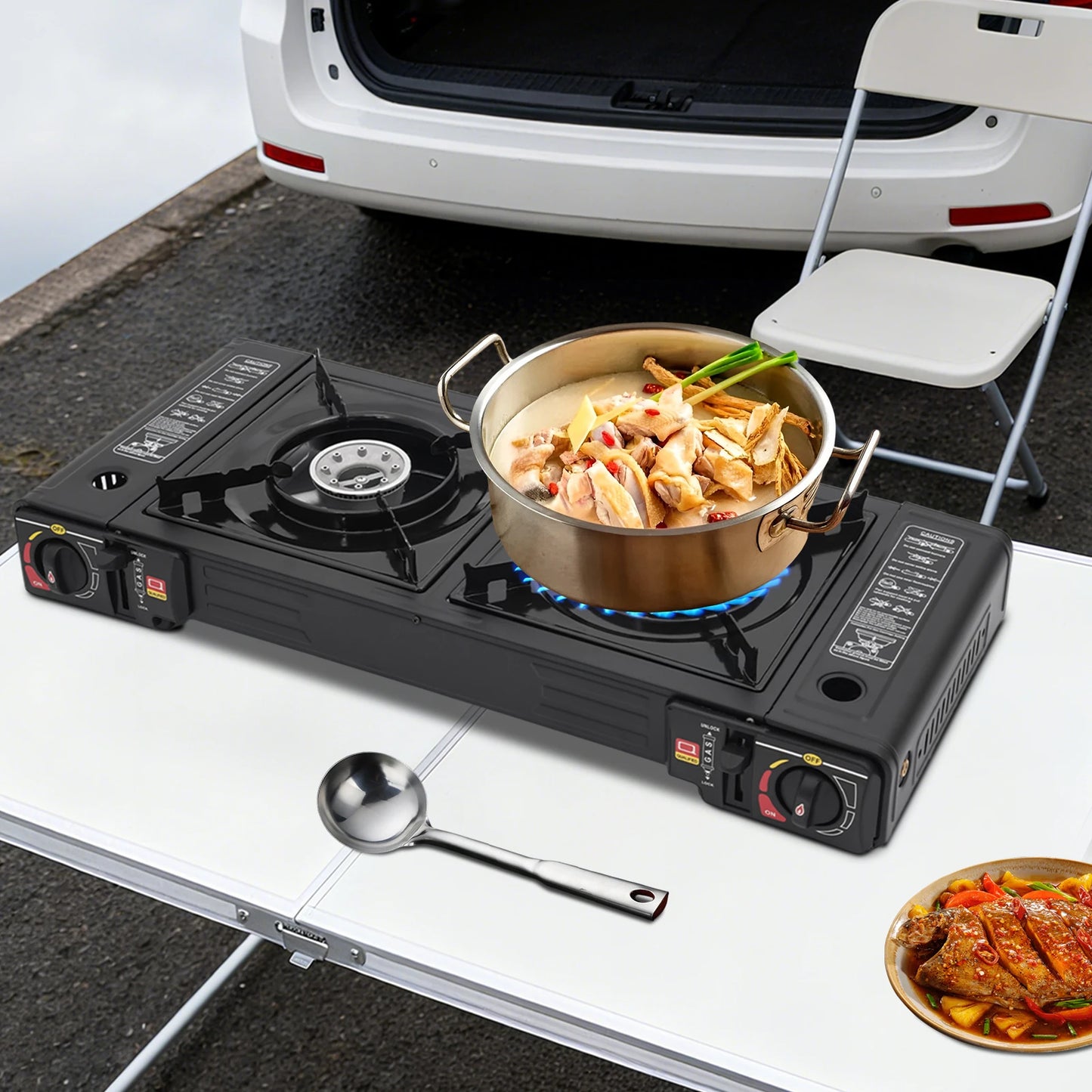 Portable Two Burner Camping Stove With Auto Ignition Carry Case