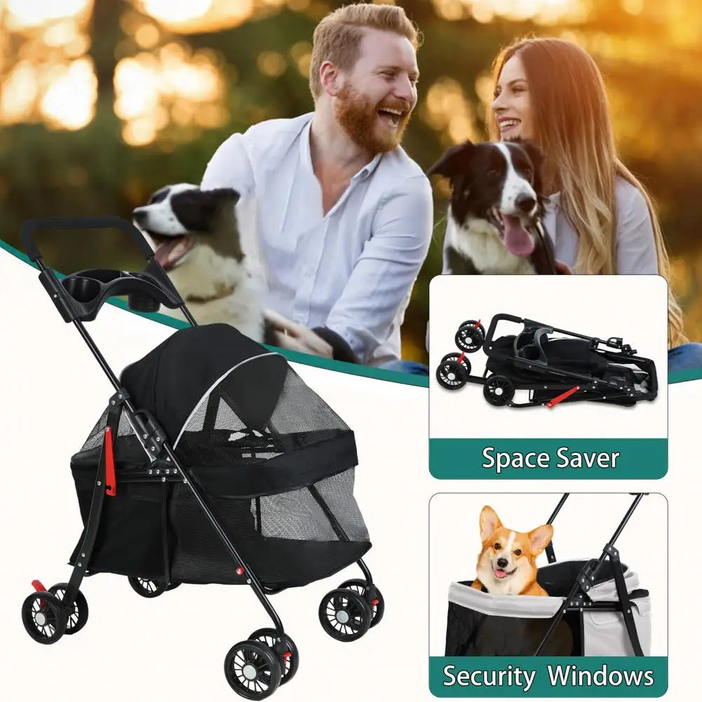 Folding Pet Stroller With Visible Mesh And Cup Holder