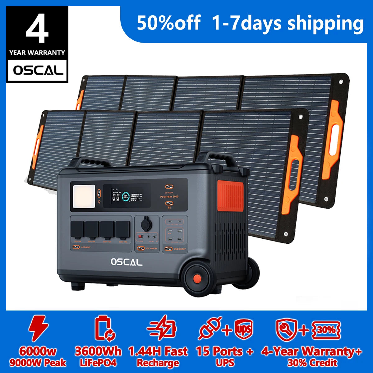 OSCAL PowerMax 6000 3600Wh LiFePO4 Solar Generator Portable Power Station