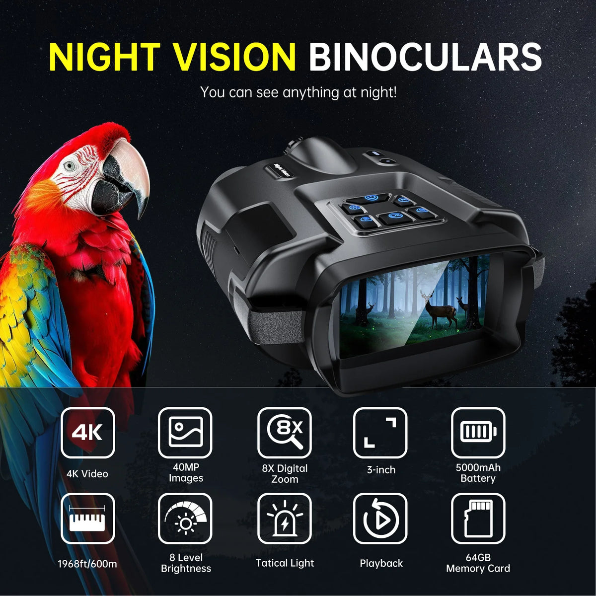 DIYIMIN 8X Night Vision Binoculars Infrared Rechargeable 600M