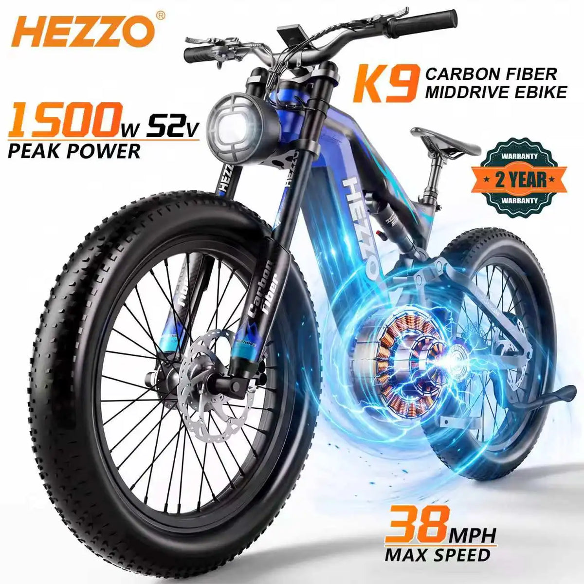 Hezzo K9 Carbon Fiber Electric Bike 1000W Bafang Mid Drive
