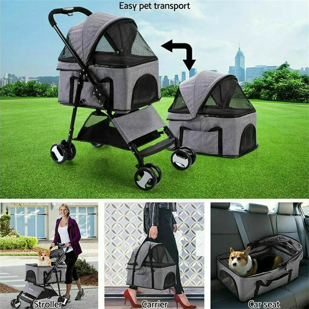 Foldable Four Wheel Pet Stroller With Basket And Rain Cover