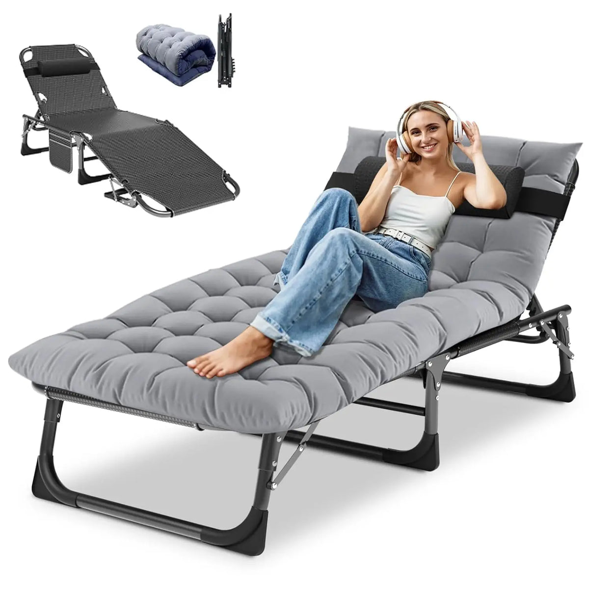 Heavy Duty Adjustable Folding Chaise Lounge Chair With Cushion