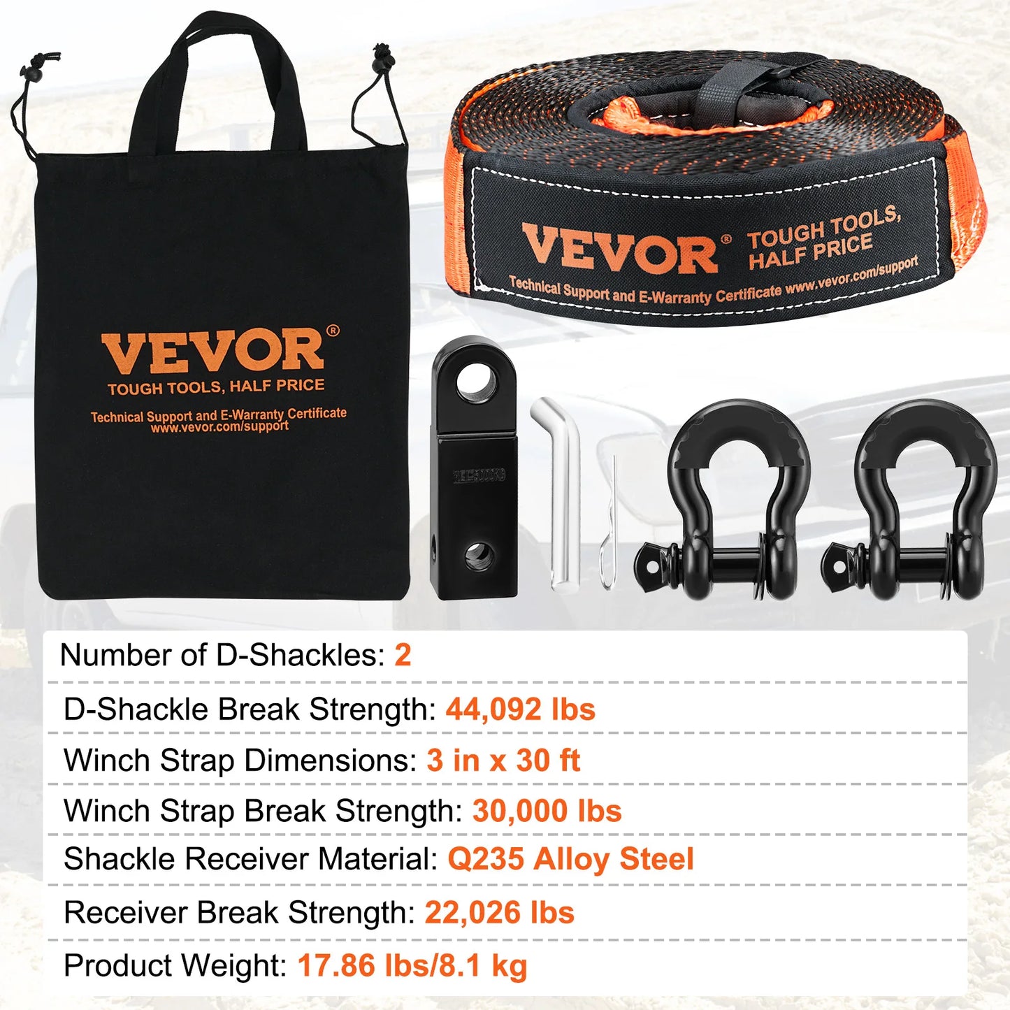 SucceBuy Off Road Winch Recovery Kit 30000 Lbs Tow Strap