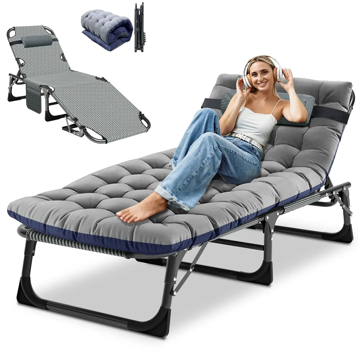 Heavy Duty Adjustable Folding Chaise Lounge Chair With Cushion