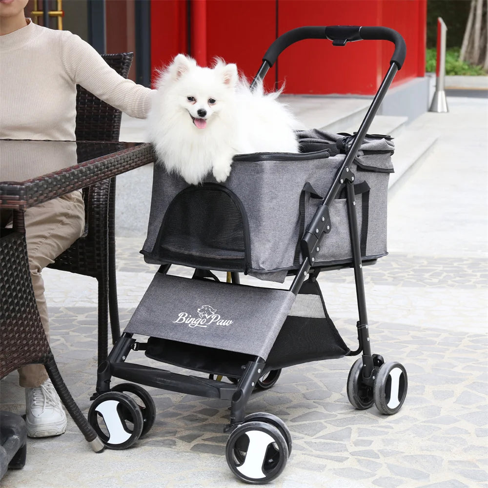 Foldable Four Wheel Pet Stroller With Basket And Rain Cover