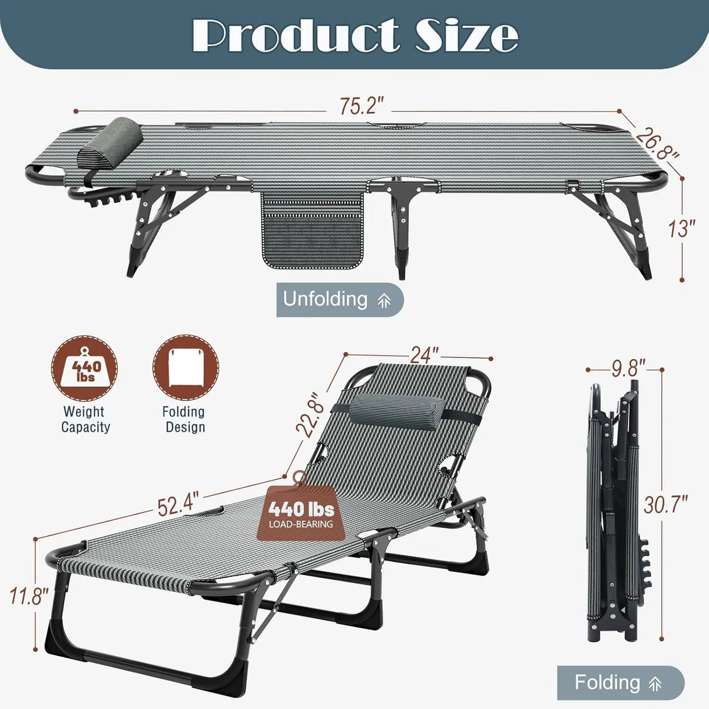Heavy Duty Adjustable Folding Chaise Lounge Chair With Cushion