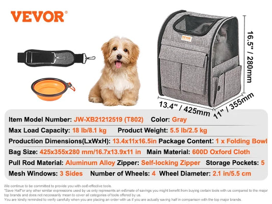 Wheeled Pet Carrier Backpack With Telescopic Handle For Travel
