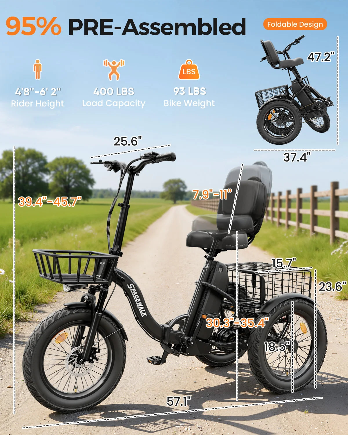 Spacewalk 1200W Folding Electric Trike With Fat Tires For Adults