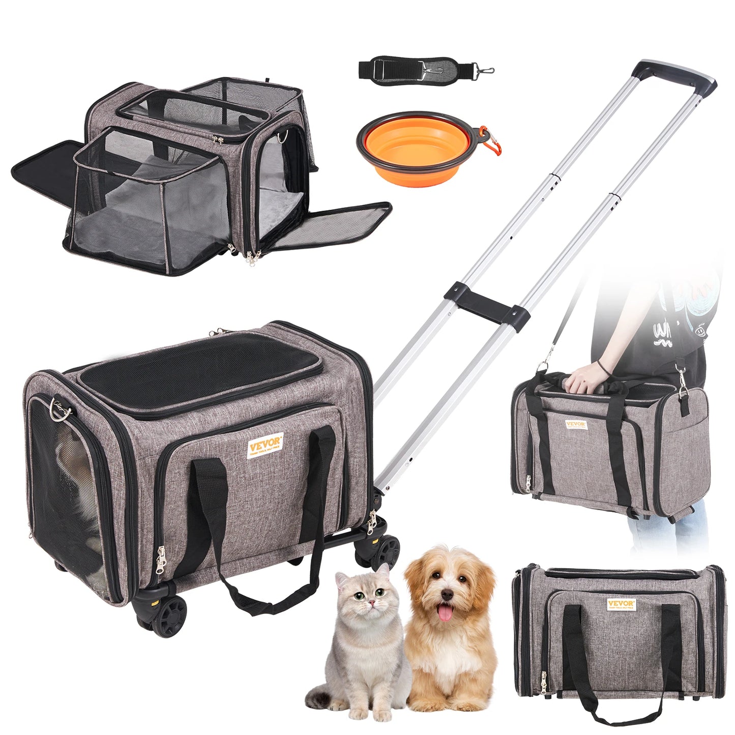 Wheeled Pet Carrier Backpack With Telescopic Handle For Travel