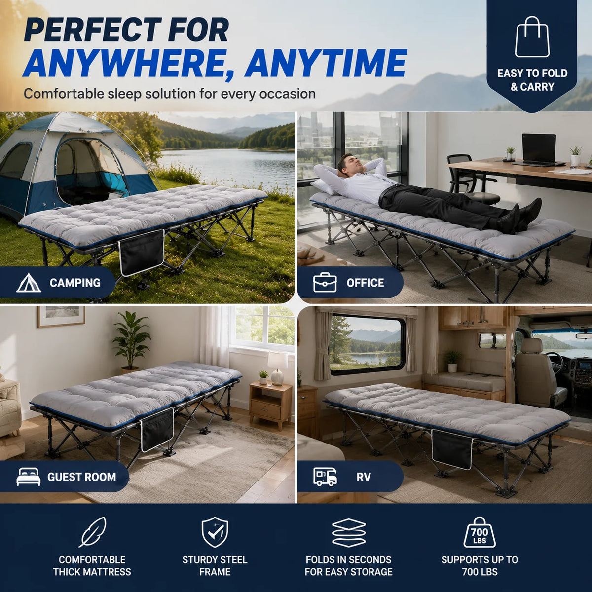Portable Folding Camping Cot With Thick Padded Mattress for Travel Sleeping
