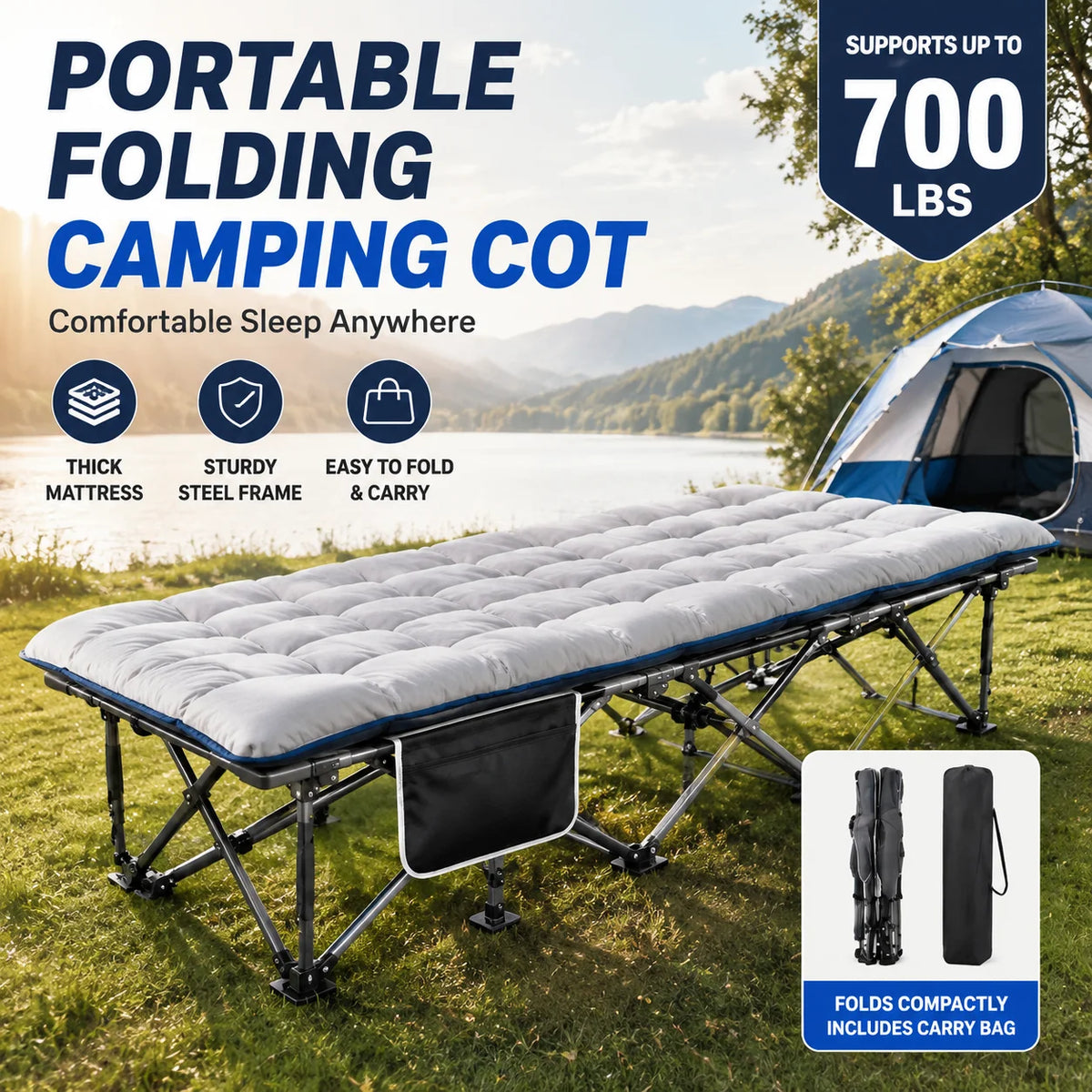 Portable Folding Camping Cot With Thick Padded Mattress for Travel Sleeping