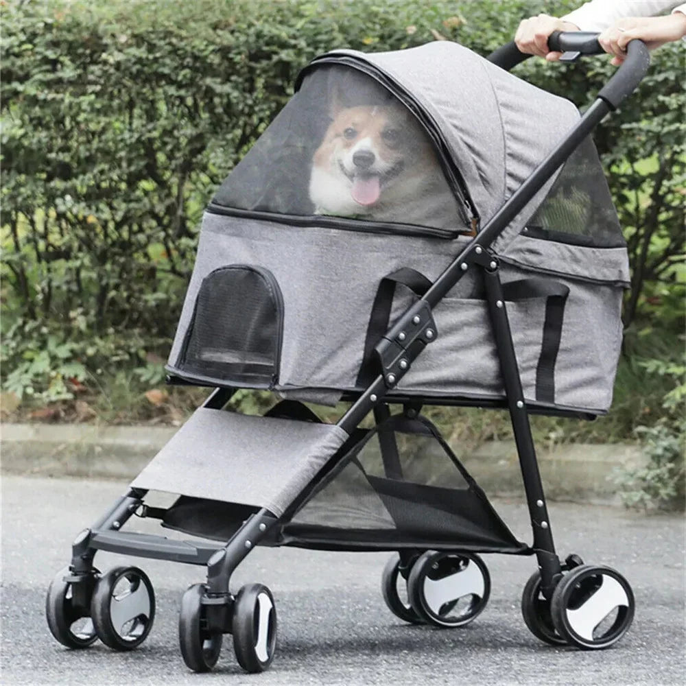 Foldable Four Wheel Pet Stroller With Basket And Rain Cover