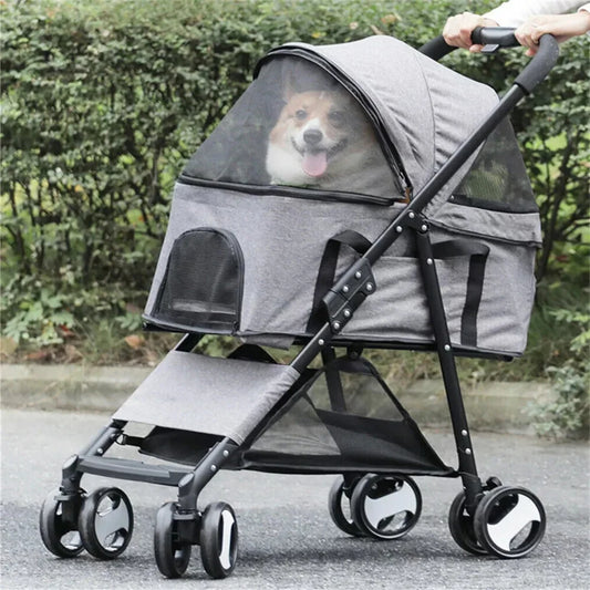Foldable Four Wheel Pet Stroller With Basket And Rain Cover